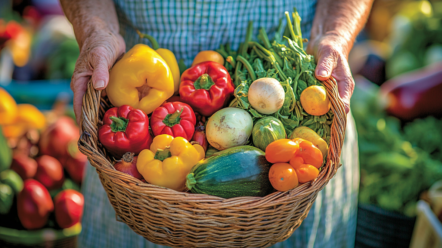 Усмихната възрастна жена държи плодове и зеленчуци в ръцете си